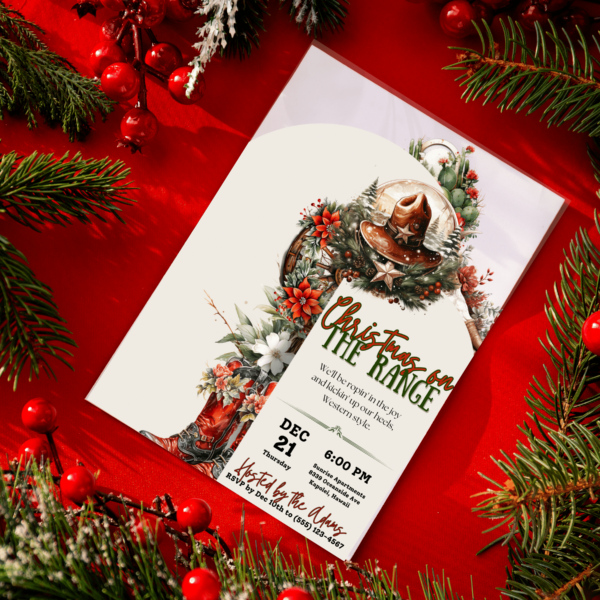 Watercolor Western Christmas Invitation Template- CANVA Editable Cowboy Boots Invite Vintage Rustic Western Ornaments Holiday Hoedown Party