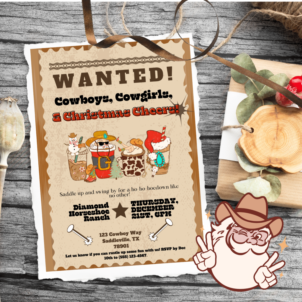 Western Cowboy Christmas Invitation Template - CANVA Editable Cowboy Santa Cowgirl Theme Digital Country Holiday Party Invite Ho ho hoedown