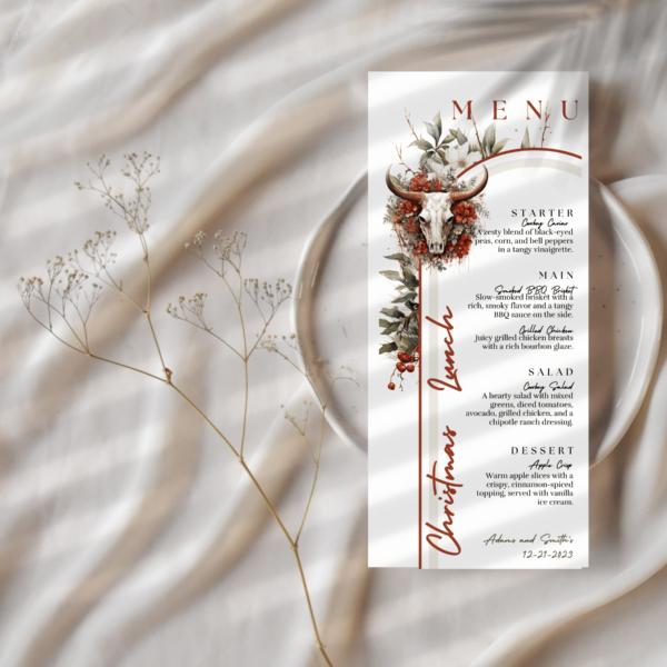 Western Christmas Menu Card - Editable Printable Canva Template Christmas Lunch Menu Holiday Party Dinner Watercolor Christmas Table Decor