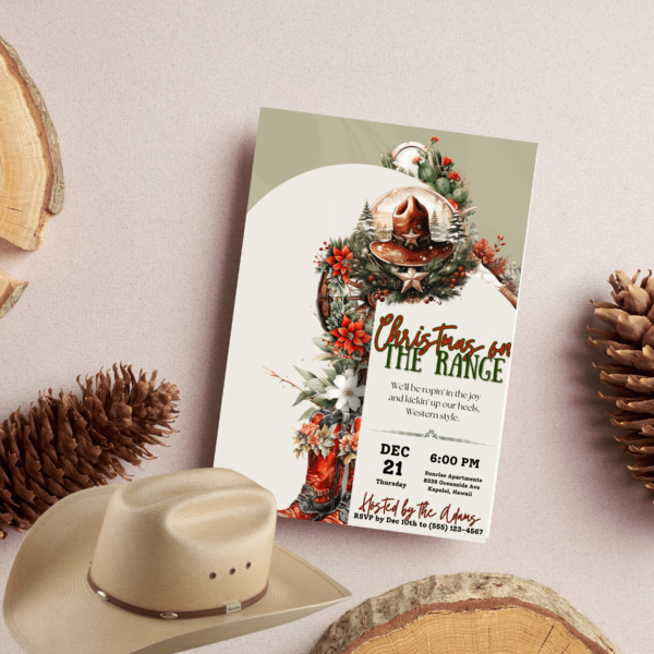 Watercolor Western Christmas Invitation Template- CANVA Editable Cowboy Boots Invite Vintage Rustic Western Ornaments Holiday Hoedown Party