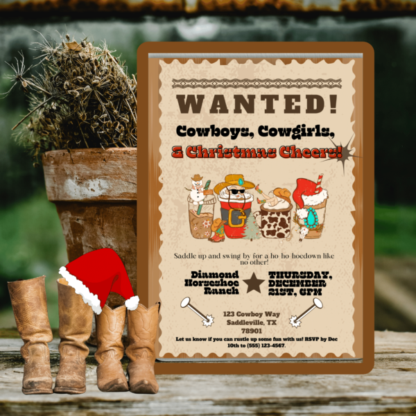 Western Hoedown Christmas Invitation Template - CANVA Editable Cowboy Santa Cowgirl Theme Digital Country Holiday Party Invite Ho ho hoedown