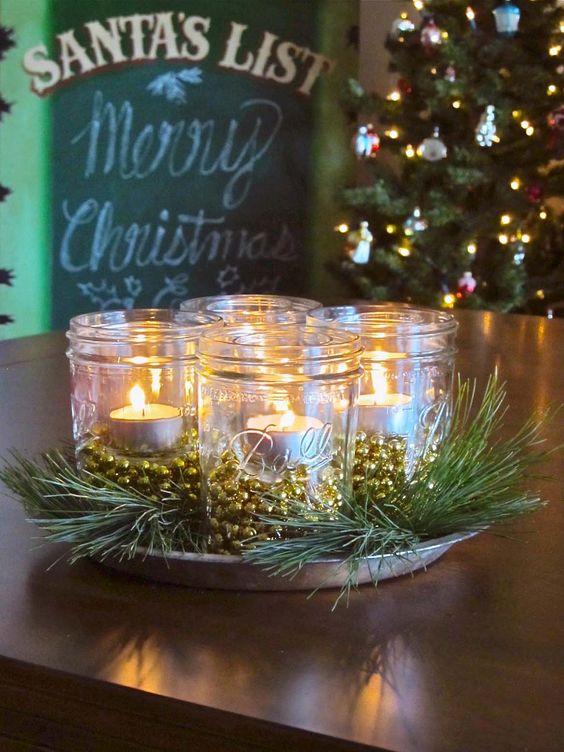 Candlelit with gold bead accent mason jar Christmas centerpiece