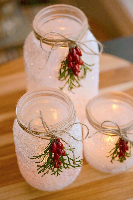 Frosted and Candlelit Mason Jar Centerpiece for Christmas