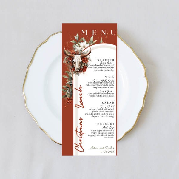 Western Menu Card Template for Western Christmas Wedding or Christmas Dinner