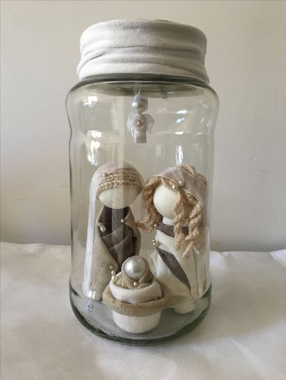 nativity scene creative dolls as a Christmas Mason jar table centerpiece