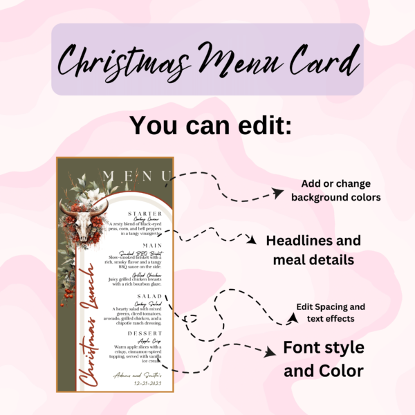 Editable Menu Holiday Party Dinner Watercolor Christmas Table Decor
