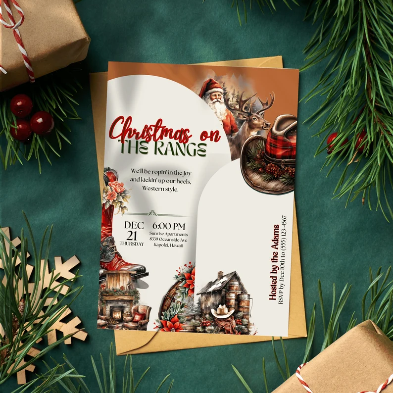Elegant Western Christmas Party invitation template with cowboy boots, hat, farmhouse and santa with deer in watercolor design.