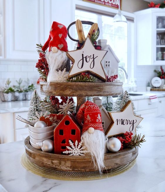 Scandinavian and Nordic Charm as a Christmas tiered tray ideas. 