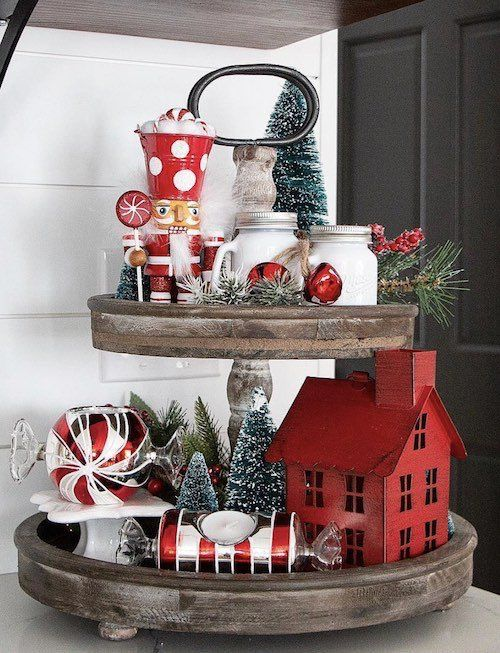 Rustic country farmhouse themes as a Christmas tiered tray ideas. 