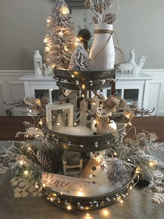 White Snowy Christmas themes as a Christmas tiered tray ideas. 