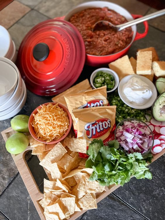 Cowboy Christmas Party ideas for party foods, classic chili bar with all the sides.