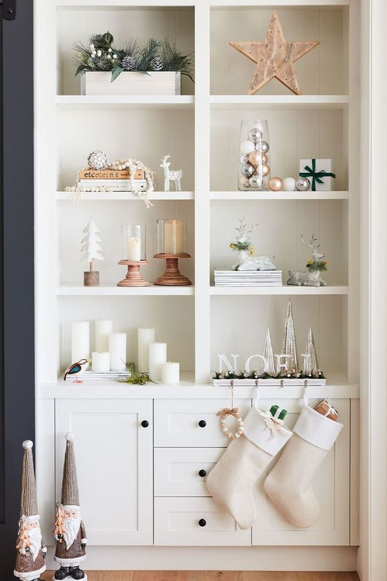 Elegant Christmas shelf decor ideas filled with luxurious ornaments
