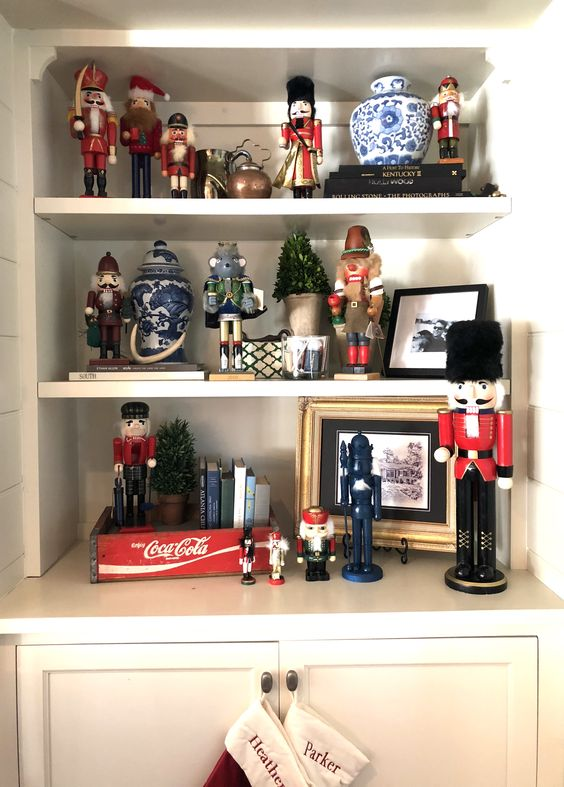 Christmas shelf decor ideas with festive nutcracker figurines