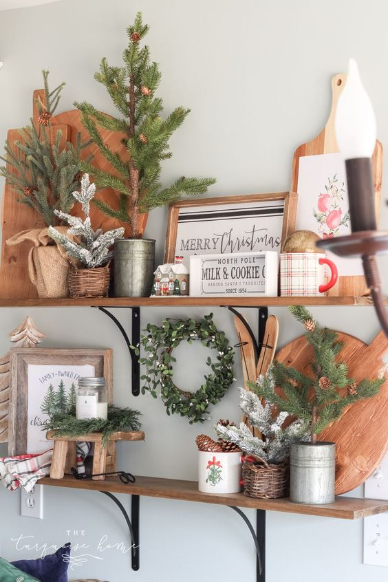 Christmas shelf decor ideas with DIY ornaments