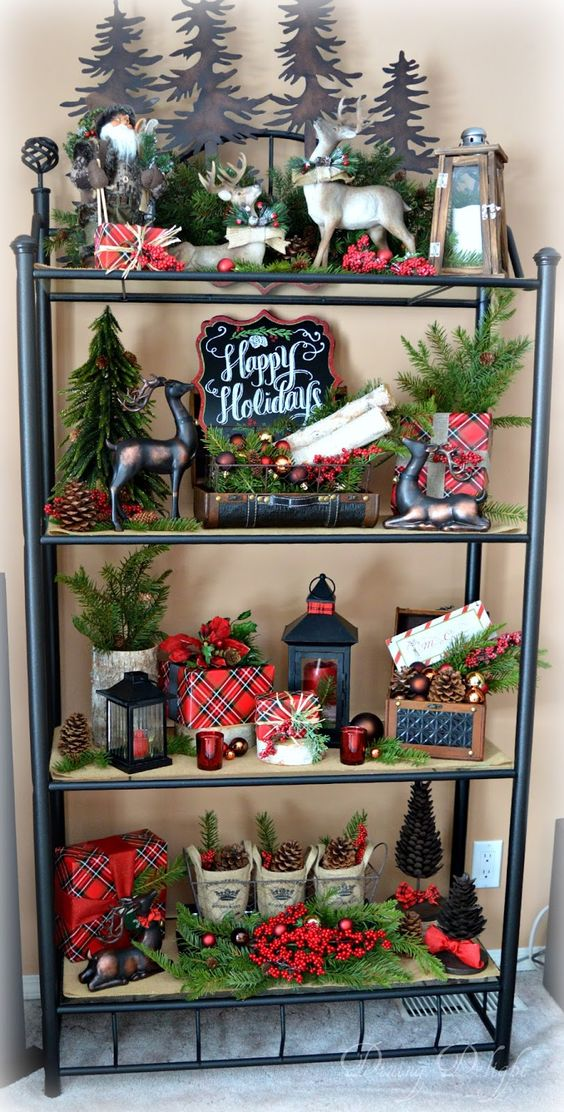 Evergreen Christmas shelf decor ideas rich in green pines and trees