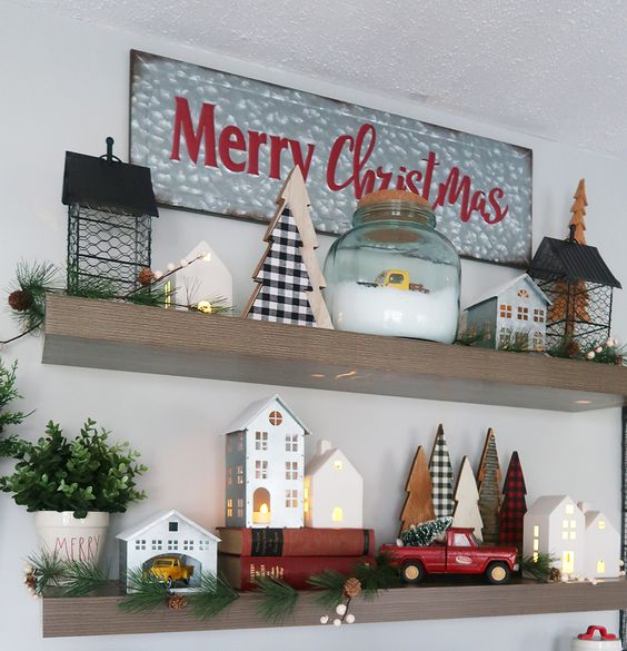 Christmas shelf decor ideas, asymmetric design