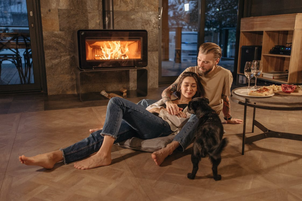 Couples by the fireplace playing with dog s an Indoor winter activities for couples.