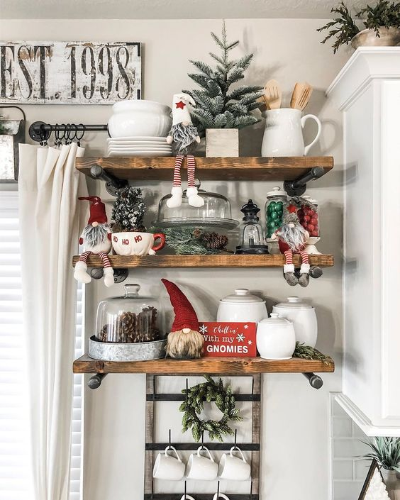 Nordic Christmas shelf decor ideas with gnomes and candy jars