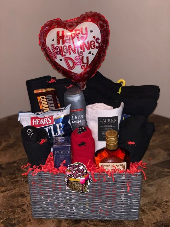 Valentine's Basket Ideas for Him a collection of personalized and DIY delights of his favorites.