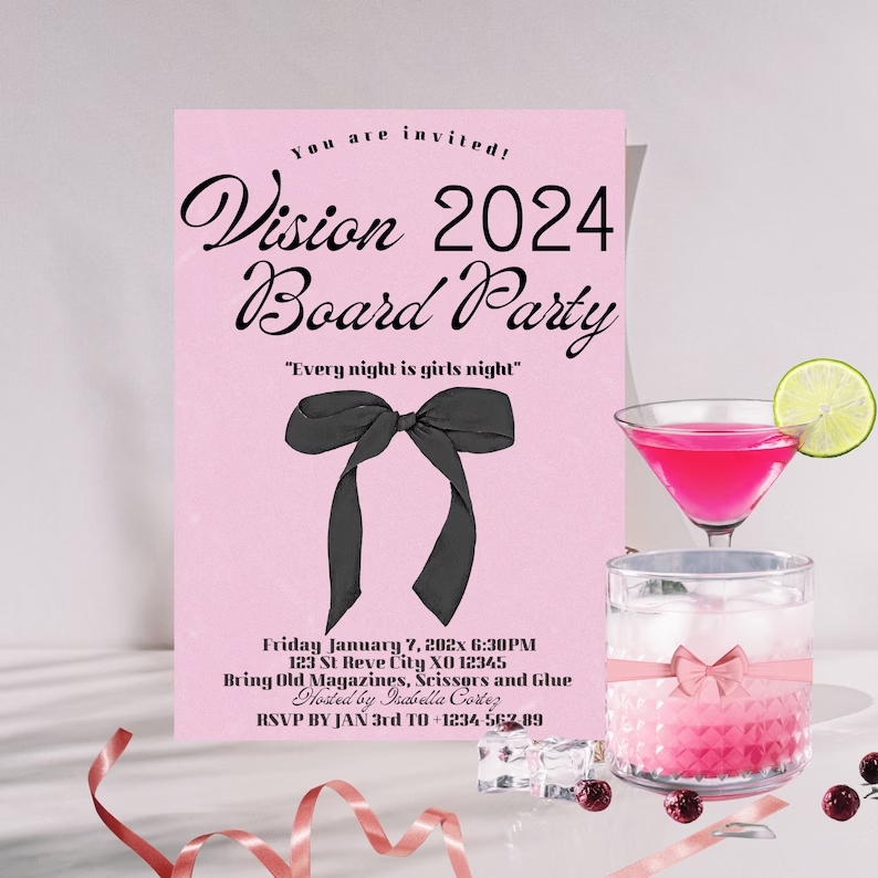 Coquette themed vision board party invite template in black pink color with cute bow
