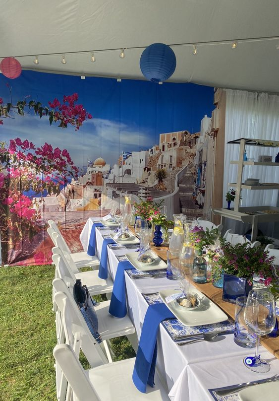 Mamma Mia party ideas for Mamma mia backdrop a gorgeous santorini landscape.