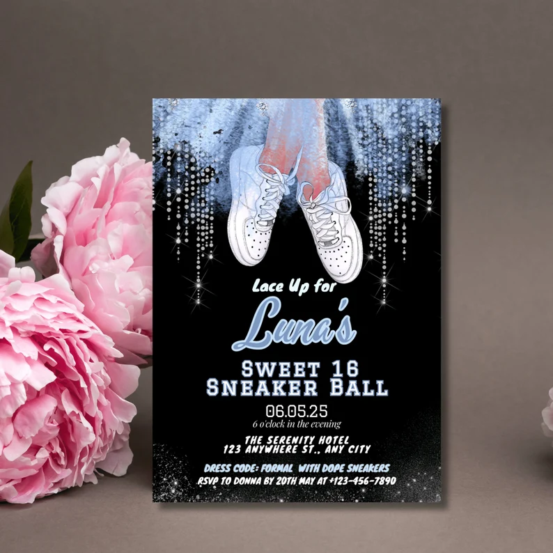 Sweet 16 Sneaker Ball Invitation in blue and silver design , a sneaker ball ideas