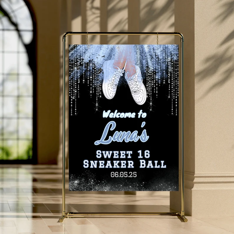Sneaker ball welcome sign  template in blue and silver 