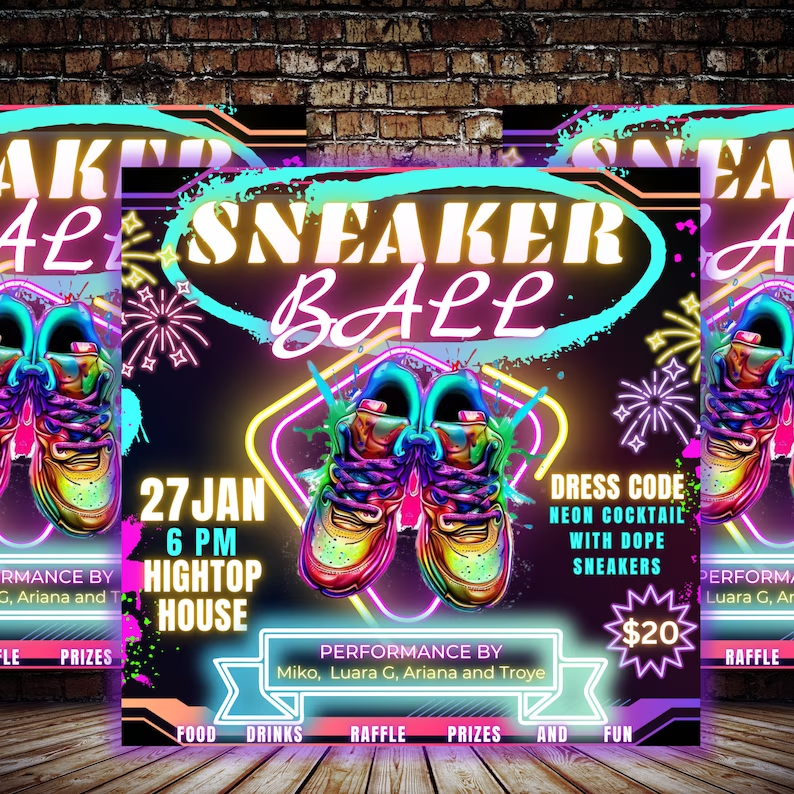 A neon sneaker ball flyer template for business party event